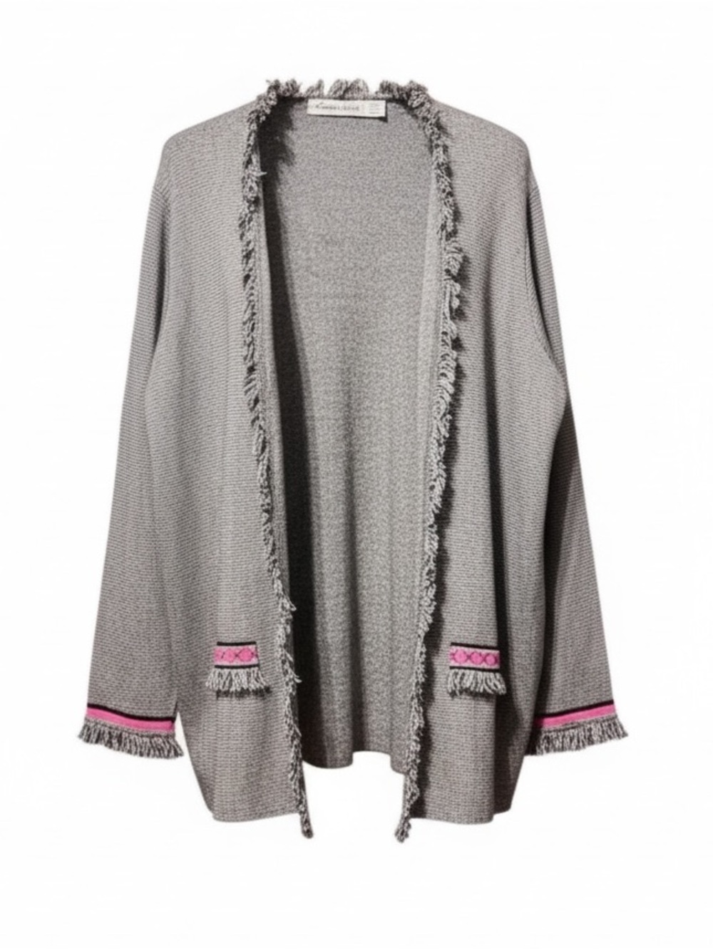 Karen Lessly Fringe Trim Open Front Cardigan Gray Pink Accent – 2X
